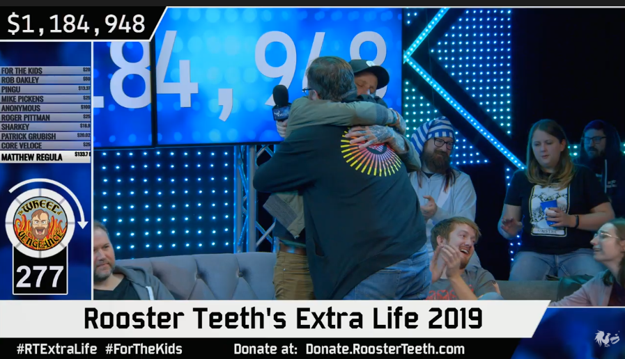 NegaMexGaming's tweet photo. Another year, another fantastic #RTExtraLife 
Every year it puts in perspective for me what an awesome, loving, passionate community the @RoosterTeeth family is and makes me proud that I can be a part of it
thank you @jack_p @CaitiWard_ @ChadJamesRT and the rest #ForTheKids https://t.co/1Tid0toLly