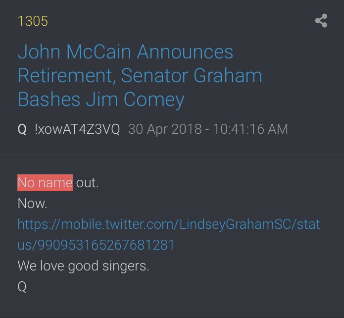 2runtherace's tweet photo. Cindy McCain Says Country Needs John McCain ‘More than Ever’!
https://t.co/OhMGsvY596
Coincidence No Name [exact 30]?
Coincidence Sen. Graham activated?
In the end, you will be 'shocked' to learn what you've 'essentially' witnessed.
#EveryDogHasItsDay #StringsCut
@realDonaldTrump https://t.co/C5ozpJb1lp