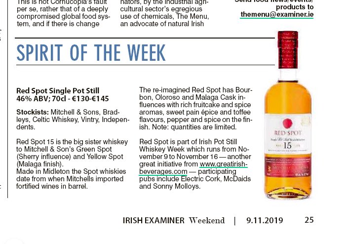 Bottle of the week and a mention of the Irish Single Pot Still Whiskey Week. <a href="/irishexaminer/">Irish Examiner</a> Saturday. #RedSpot #Whiskey #PotstillWhiskey