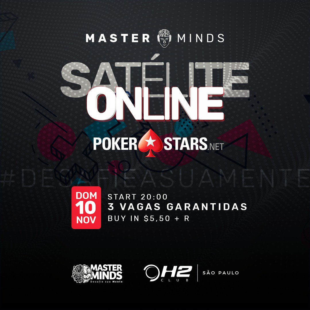 MasterMindsFest's tweet photo. HOJE TEM!!! Satélite para o Main Event do MasterMinds 13 - @H2ClubHoldem São Paulo! 

Começa às 20h no PokerStars com 3 VAGAS GARANTIDAS por apenas $5,50 🤑

Confira 👉 https://t.co/Isj86mwuFC

#MasterMinds #MM13 #DesafieSuaMente #PokerStars #H2Club #Poker https://t.co/Mh7HYELoBG