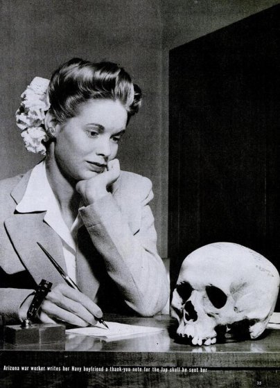 This image was Life Magazine's Picture of the Week on 22 May, 1944 and showed "Arizona war worker writes her Navy boyfriend a thank-you-note for the Jap skull he sent her". So it isn't unreasonable to try restore some semblance of humanity to the dehumanized Japanese soldiers 5/