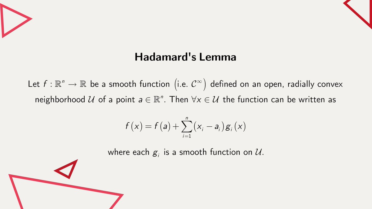 MathType's tweet image. Hadamard&apos;s Lemma is a close relative to the multidimensional Taylor series expansion. It tells us that smooth functions behave more like polynomials than one might expect, serving as a bridge between #DifferentialGeometry and #AlgebraicGeometry #MathType