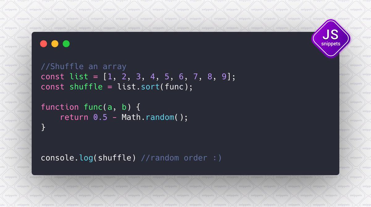 SnippetsJs's tweet image. How to shuffle an array? 👻
#JSsnippets
Follow us -
Github - github.com/JSsnippets/Jav…
Linkedin - linkedin.com/company/293420…