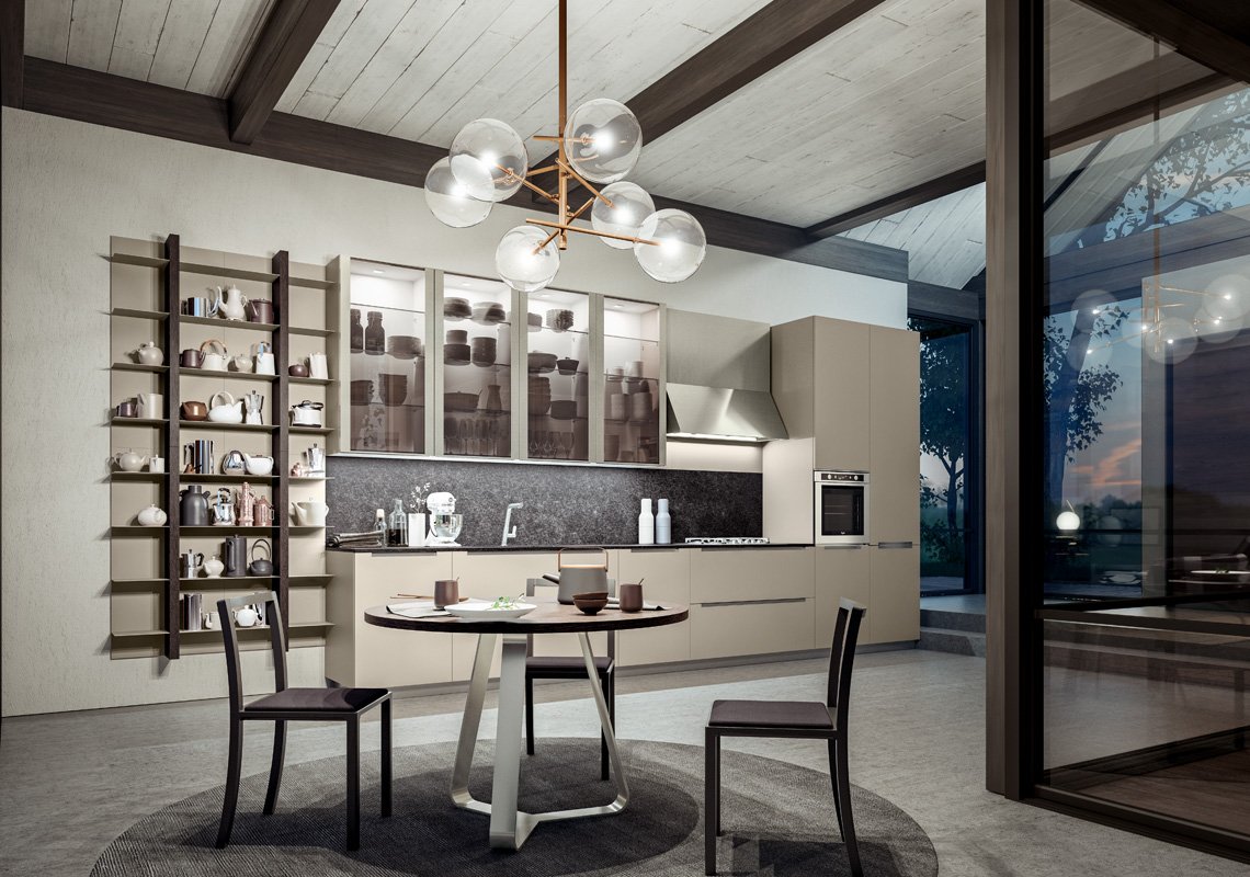 Open concept kitchen with intimate dining setting, open shelving, glass cabinet doors featuring led lighting and a spectacular matte lacquer finish. We have it all. #mckb #customkitchens #kitchens #kitchendesign #nyckitchenshowroom #compositkitchens #openconcept #openfloorplan