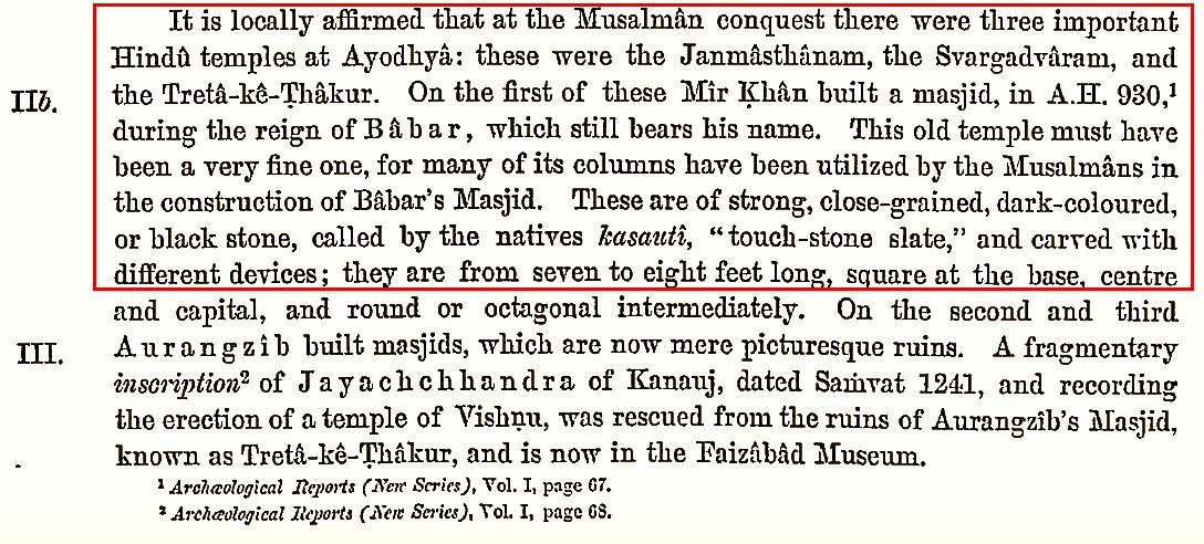 The 1891 ASI Report that was cited by one of the Supreme Court judges yesterday ( https://www.sci.gov.in/pdf/JUD_2.pdf ).Mir Khan built a masjid on the Janmasthanam during the reign of Babar, which still bears his name. This old temple must have been a very fine one... https://ia601607.us.archive.org/10/items/in.ernet.dli.2015.34670/2015.34670.The-Monumental-Antiquities-And-Inscriptions-In-The-North-western-Provinces-And-Oudh.pdf