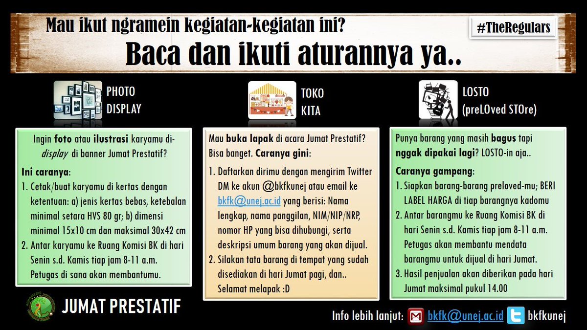 bkfkunej's tweet photo. Karena tak mau kalah dengan aktivitas baru, aktivitas lama pun tetap eksis di #JumatPrestatif, tapiii kini dengan FORMAT dan ATURAN yang baru. Photo display, Toko Kita, and LOSTO are back! Cek info selengkapnya di gambar 🧐 https://t.co/rNKX3AMDEz