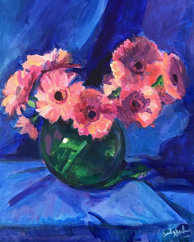 CarolSteinberg's tweet photo. #pinkgerbera #royalblue, 20 x 16 #acrylicpainting #acrylic #painting #floralpainting #flowerpainting #floral #flowers #artforthehome #artforsale #losangelesartist #stilllife #stilllifepainting https://t.co/xuCNk9vCdp https://t.co/hTj2yBZft0
