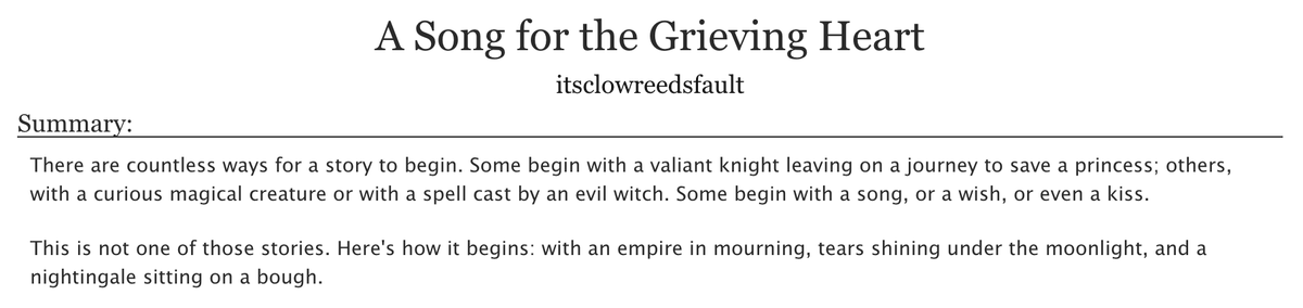 ✧ A Song for the Grieving Heart [mystic messenger, zen x mc, 1.8k] ✧
archiveofourown.org/works/21384337

my full piece for the <a href="/mmfairytalezine/">🌠 PROJECT CLOSED | @mmfairytalezine</a>, inspired by Hans Christian Andersen's "The Nightingale" ✨