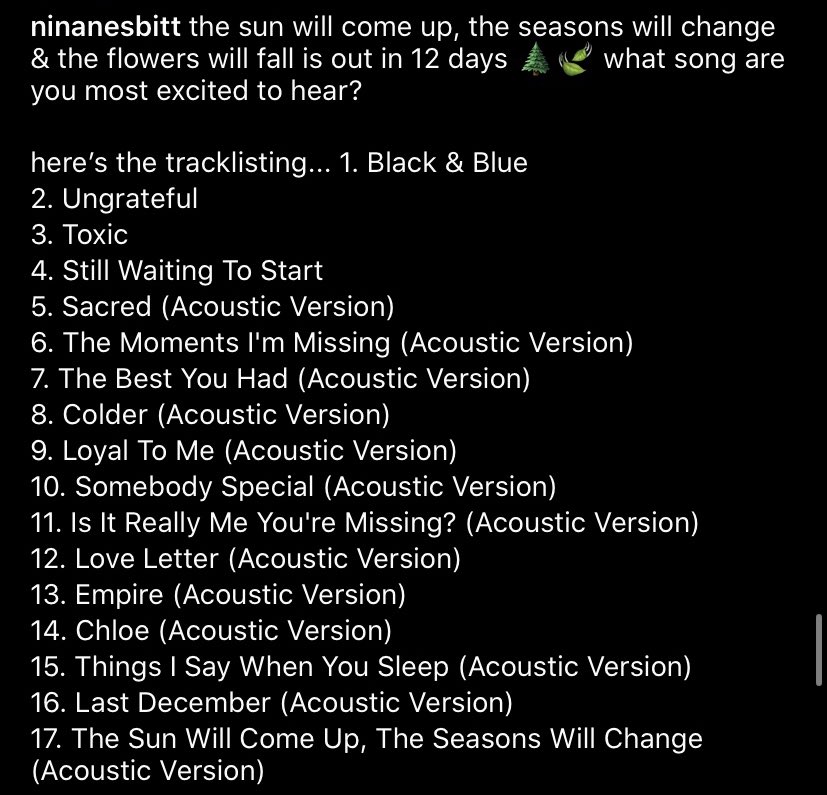 ninanesbitt's tweet photo. the sun will come up
the seasons will change
&amp; the flowers will fall 🍃

tracklisting !!!

what song are you most excited for?

22.11.19 x https://t.co/om9kQwhp4y