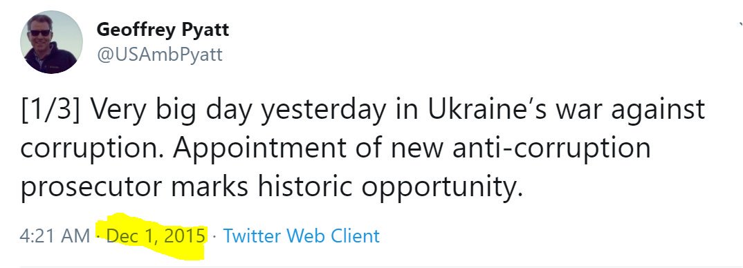 16/ on Nov 30, 2015, Shokin announced appointment of Kholodnitsky as anti-corruption prosecutor. Ambassador Pyatt praised appointment as "historic opportunity"  https://twitter.com/USAmbPyatt/status/671620131383066624 No demonization of Shokin in Pyatt's tweets during this interval.