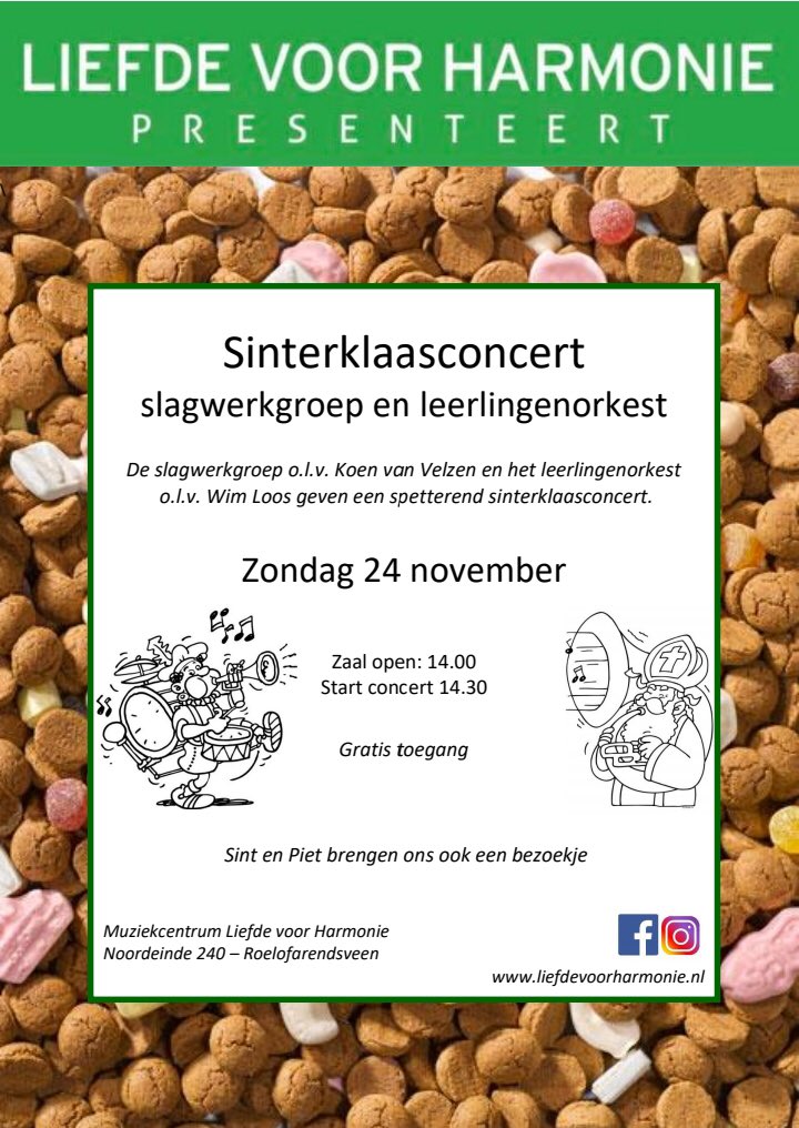 LvHdeVeen's tweet photo. 🎶 Zondag 24 november komen de Sint en zijn pieten bij ons langs in het Muziekcentrum. 🎶

Het leerlingenorkest en de slagwerkgroep spelen gezellige sinterklaasliedjes. 🥁🎷🎺

Aanvang 14.30 uur
Toegang is gratis https://t.co/KTz0QFnNWx