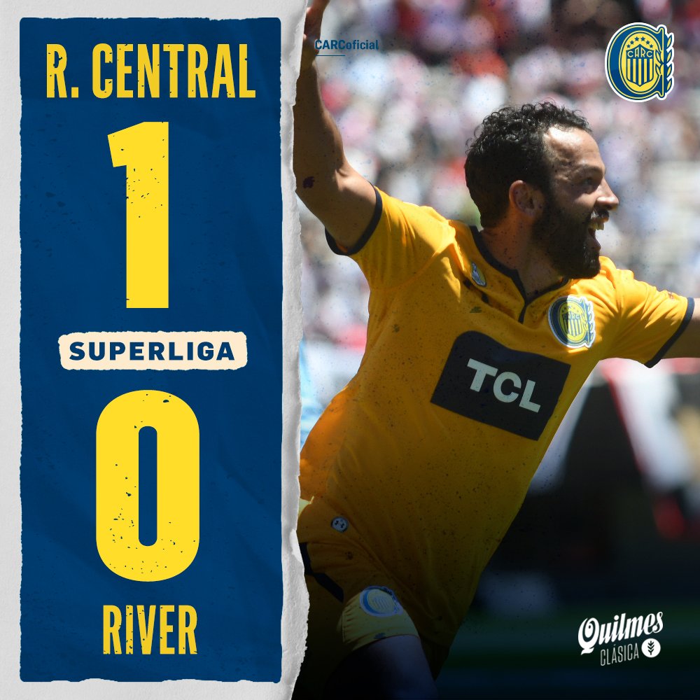 RosarioCentral's tweet photo. 😁 ¡FINAL DEL PARTIDO! ¡GANÓ CENTRAAAAAAL!

El Canalla venció por 1-0 a @RiverPlate en el Monumental con gol de Lucas Gamba.

#VamosCentral 💪🏽🇺🇦 https://t.co/SmP8ZhSxQY
