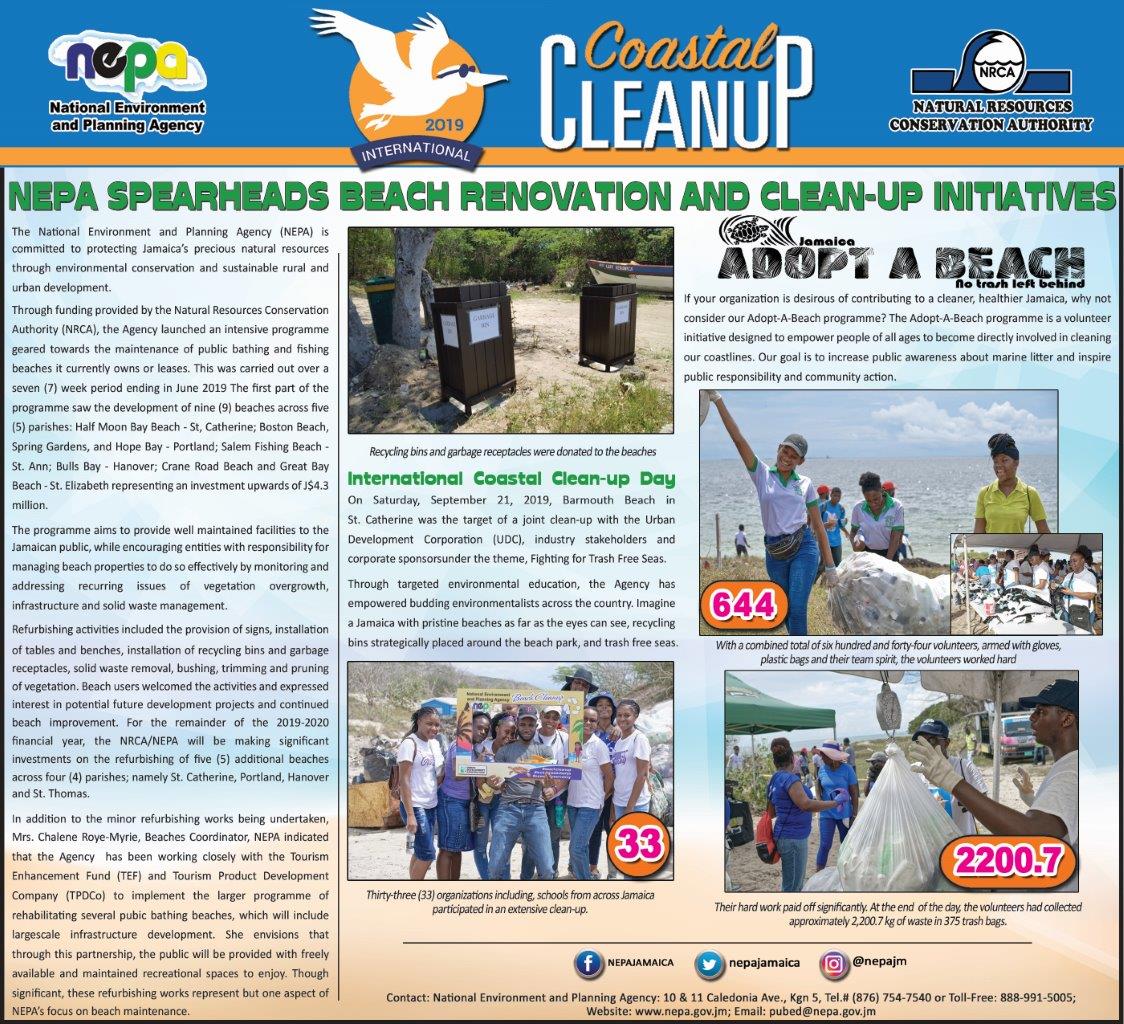 #ICCD 2019 was a success! Check out the highlights in the Sunday Gleaner including, details on our Beach Renovation and Adopt-A-Beach programmes. #TrashFreeSeas #internationalcoastalcleanupday #BeachCleanupJa #PreserveEnvironment #NEPAandYou