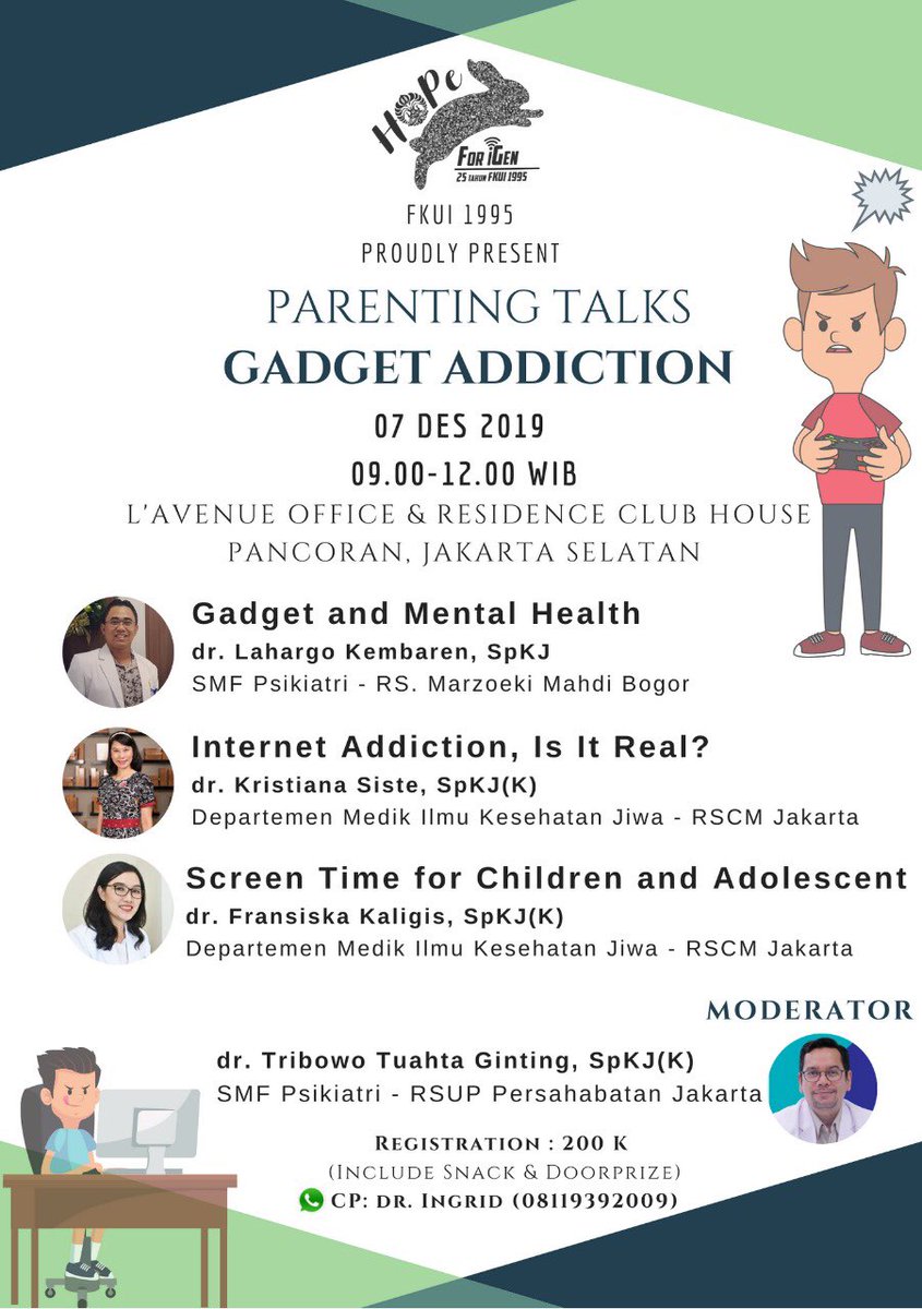 mbahndi's tweet photo. Teman2 bisa ikutan nih apalagi yang masih bertanya2 ttg apakah ada istilah gadget addiction. 
Pembicaranya salah satunya dr @LahargoKembaren yg sdh biasa memberikan edukasi masalah ini bersama teman2 Alumni FKUI 1995. https://t.co/m87RVuTgMh
