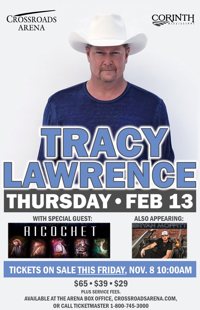 Tickets On Sale Now! <a href="/tracy_lawrence/">Tracy Lawrence</a> comes to Crossroads Arena Feb 13 with special guest #Ricochet and <a href="/BryanMoffitt1/">Bryan Moffitt</a> Tickets: crossroadsarena.com