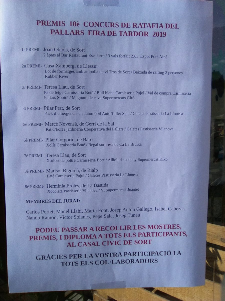 Recossira's tweet photo. Resultats del 10è Concurs de Ratafia del Pallars de Sort. Felicitats als guanyadors i moltes gràcies a tots els participants. https://t.co/DiXOAhwMlk