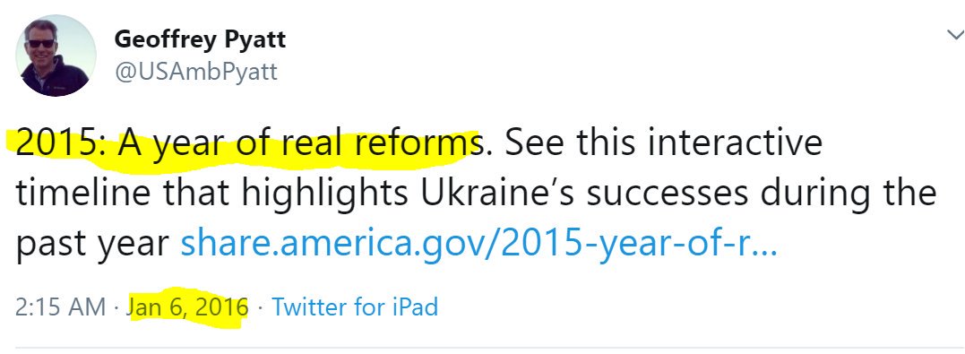 22/ but as of Jan 6, 2016, ambassador Pyatt looked back with satisfaction on 2015 as a "year of real reforms". https://twitter.com/USAmbPyatt/status/684634282246205440. Pyatt stated in 2015 (while Shokin Prosecutor General) that Ukraine "passed more reform legislation than in all the years prior".