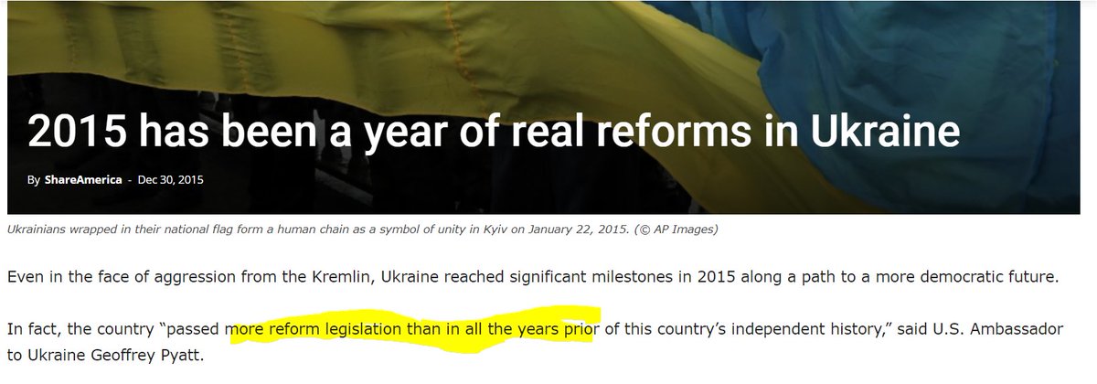 22/ but as of Jan 6, 2016, ambassador Pyatt looked back with satisfaction on 2015 as a "year of real reforms". https://twitter.com/USAmbPyatt/status/684634282246205440. Pyatt stated in 2015 (while Shokin Prosecutor General) that Ukraine "passed more reform legislation than in all the years prior".