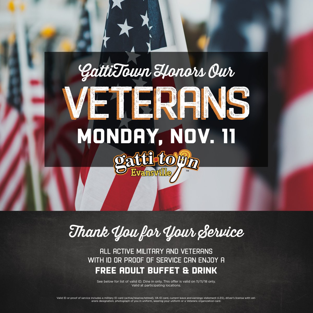 We love this deal to celebrate our Veterans. Thanks Gattitown Evansville! #sponsored