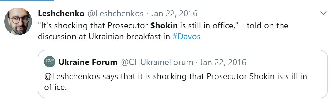 23/ but on Jan 22, 2016, Sergiy Leshchenko (later identified by Nellie Ohr as a supposed Fusion GPS source and, for sure, close ally of Nuland and McCain)  https://twitter.com/Leshchenkos/status/690484726424064000 reported that Davos conference was told that it was "shocking" that Shokin still in office