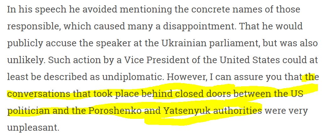 25/ Biden's public remarks in his Ukraine visit had criticized corruption, he didn't name names. Leshchenko reported that his private conversations with president Poroshenko and PM Yatseniuk were very pointed. These private conversations were on same day as NYT named Hunter Biden