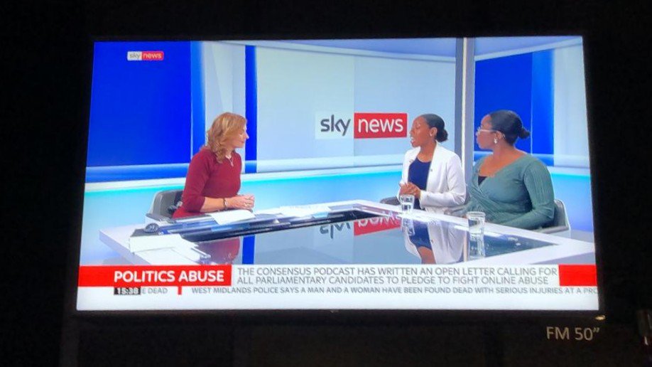 So @KoyWorld and just I went on @SkyNews to talk about @The_Consensus_  #LetHerStand campaign encouraging Parliamentary candidates to sign the open letter to help end abuse to women MPs, particularly women of colour.