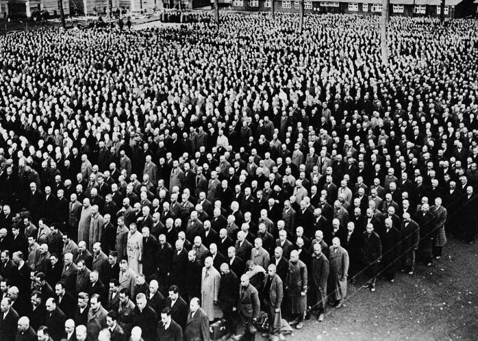 AuschwitzMuseum's tweet photo. 10 November 1938 | After the Reichspogromnacht ca. 30,000 Jewish men were sent to the Buchenwald, Dachau &amp; Sachsenhausen camps, where hundreds died later. Release came only after some agreed to emigrate and to transfer their property to “Aryans.” https://t.co/Fhbf5AjL5T https://t.co/xkQaki9Qgw