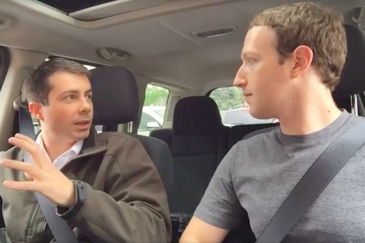 Buttigieg and Zuckerberg in a smug-driving car.