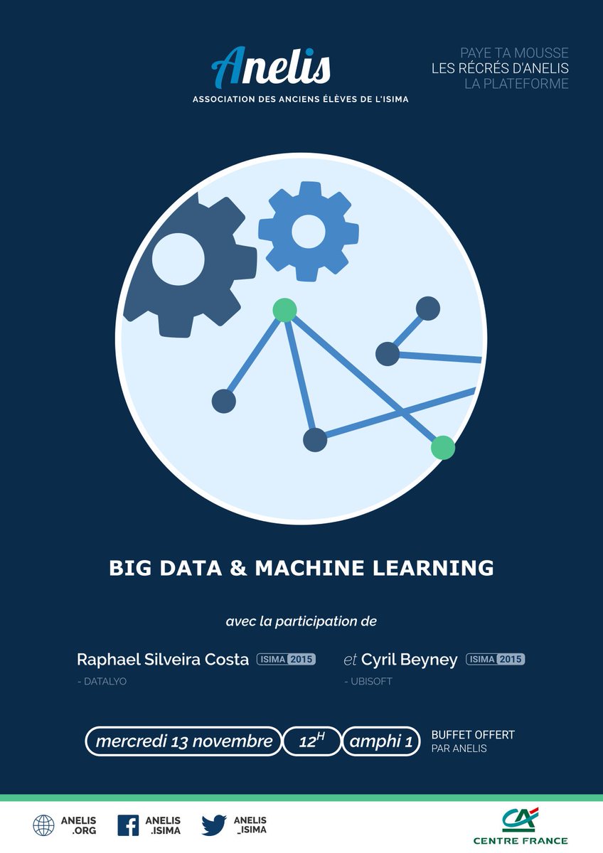 Rappel : récré mercredi à 12h en Amphi 1 à l'<a href="/isima5/">isima</a> sur le thème du Big Data et du Machine Learning, en présence de @CyrilBN et <a href="/Raph_Costa/">Raphael Silveira Costa 🌋</a> !