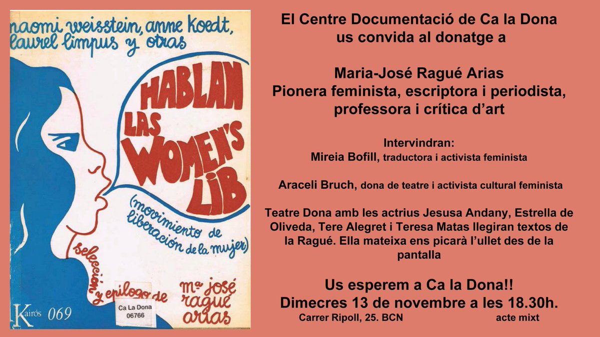 #Donatge #MaríaJoséRagué 🎭📚 @CDoc_caladona:
Us esperem el dimecres #13novembre a #caladona @caladona. ⏰18.30 h
Amb la participació de: #AraceliBruch i #MireiaBofill.
#teatre #teatro #feminismes #dona 
#cultura #críticateatral
#dramaturga #artesescénicas 
#MariaJoséRaguéArias