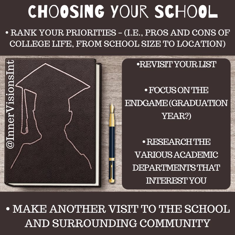 InnerVisionsInt's tweet photo. Now that we’ve covered standardized exams, college visits, and various steps of the college application process, here’s the most important of them all. Choosing your college! How do you do that? Here’s how!

#collegebound #university #college #InnerVisionsInt #InnerVisionsInc https://t.co/OrFjieE8AG
