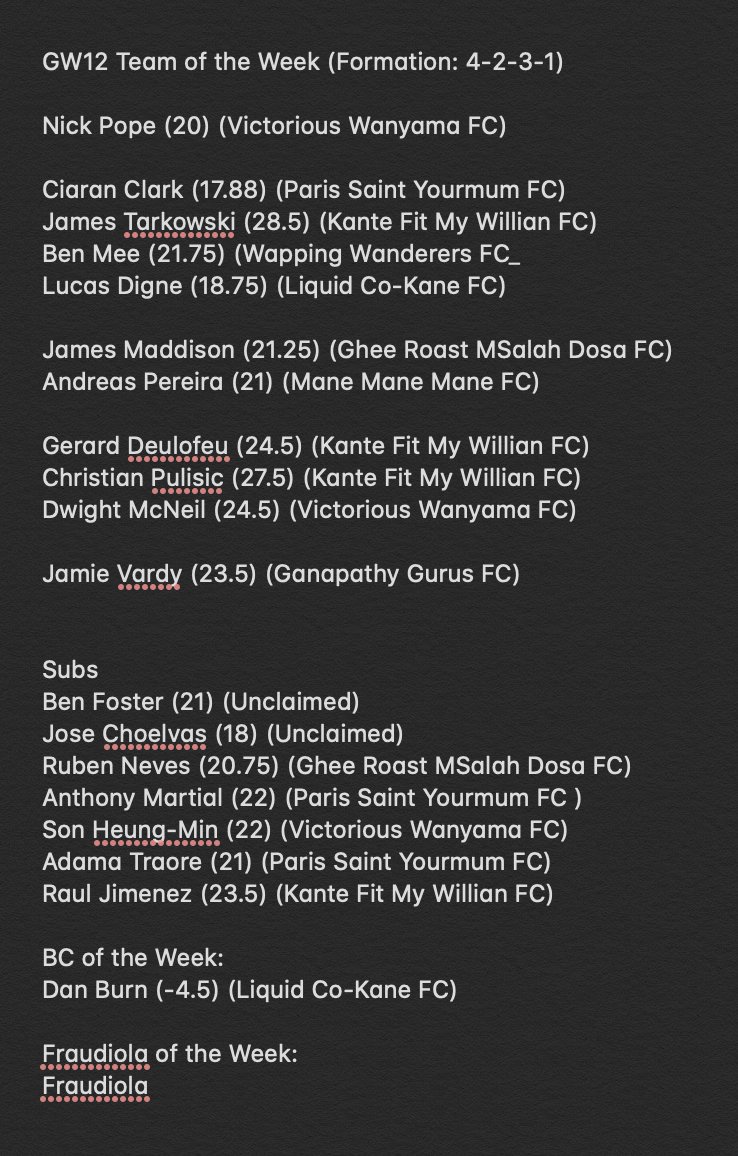 draft_20's tweet photo. GW12 TOTW:

A relatively low scoring TOTW in a week dominated by @viggyvenkat (running away with it!) and @arjranga. @vardy7 makes his 4th starting appearance (chosen over Jiminez due to more contribution to goals) and @cpulisic_10 makes his 3rd appearance in 3 weeks (1 bench) https://t.co/p0iWOj9MQW