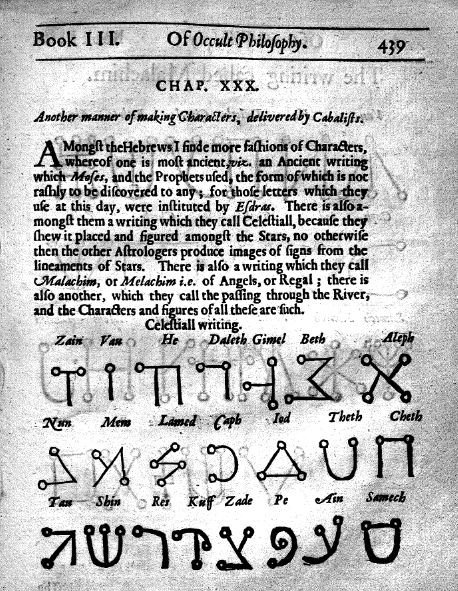 ℂ𝔼𝕃𝔼𝕊𝕋𝕀𝔸𝕃 𝕊ℂℝ𝕀ℙ𝕋Among the alphabets that Cornelius Agrippa wrote about, the celestial script is one influenced by the Hebrew alphabet. This script was used to communicate with angelic beings, a use which some students of the occult still practice today.