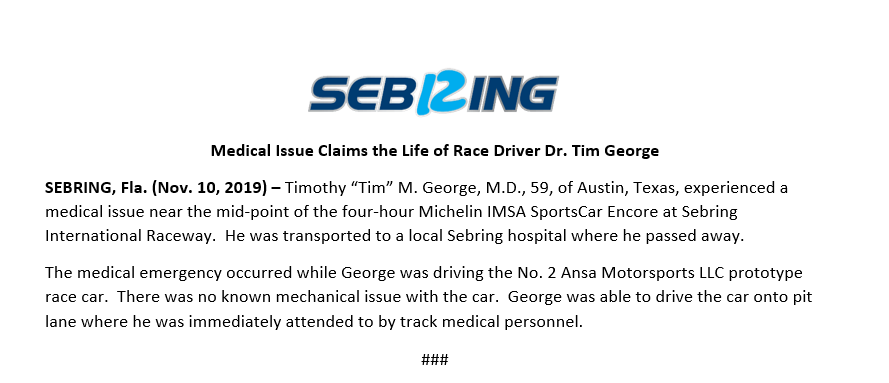 Statement from <a href="/sebringraceway/">Sebring International Raceway</a>.