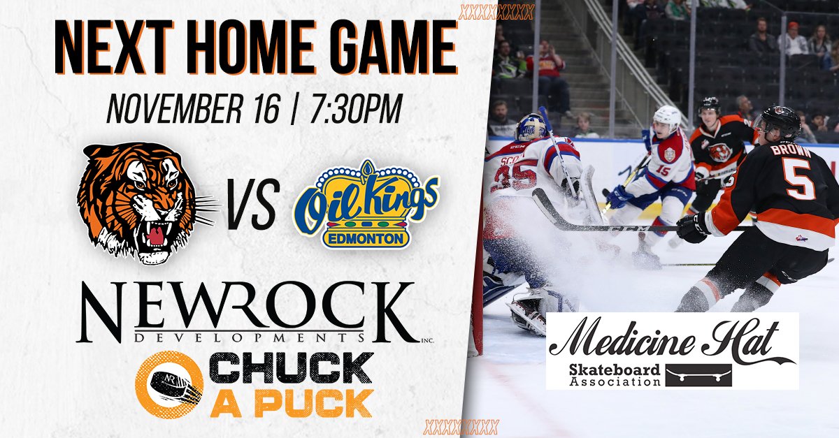 We have one more road trip before we come home!! 

We play in Red Deer Friday then Saturday we host the Edmonton Oil Kings and it is <a href="/newrock_homes/">NewRock Developments</a> Chuck a Puck night in support of <a href="/medhatskate/">Medicine Hat Skatebo</a>!!

Get your tickets today! 🎟️ bit.ly/2MTi4M1

#medhat #50yearsofTigers