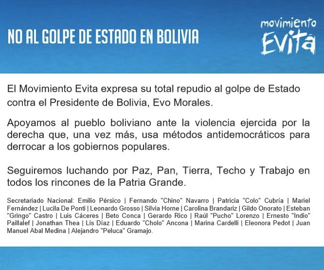 MovimientoEvita's tweet photo. El Movimiento Evita expresa su total repudio al golpe de Estado contra el Presidente de Bolivia, @evoespueblo 

Apoyamos al pueblo boliviano ante la violencia ejercida por la derecha que, una vez más, usa métodos antidemocráticos para derrocar a los gobiernos populares. https://t.co/FM6bfS6Rk2