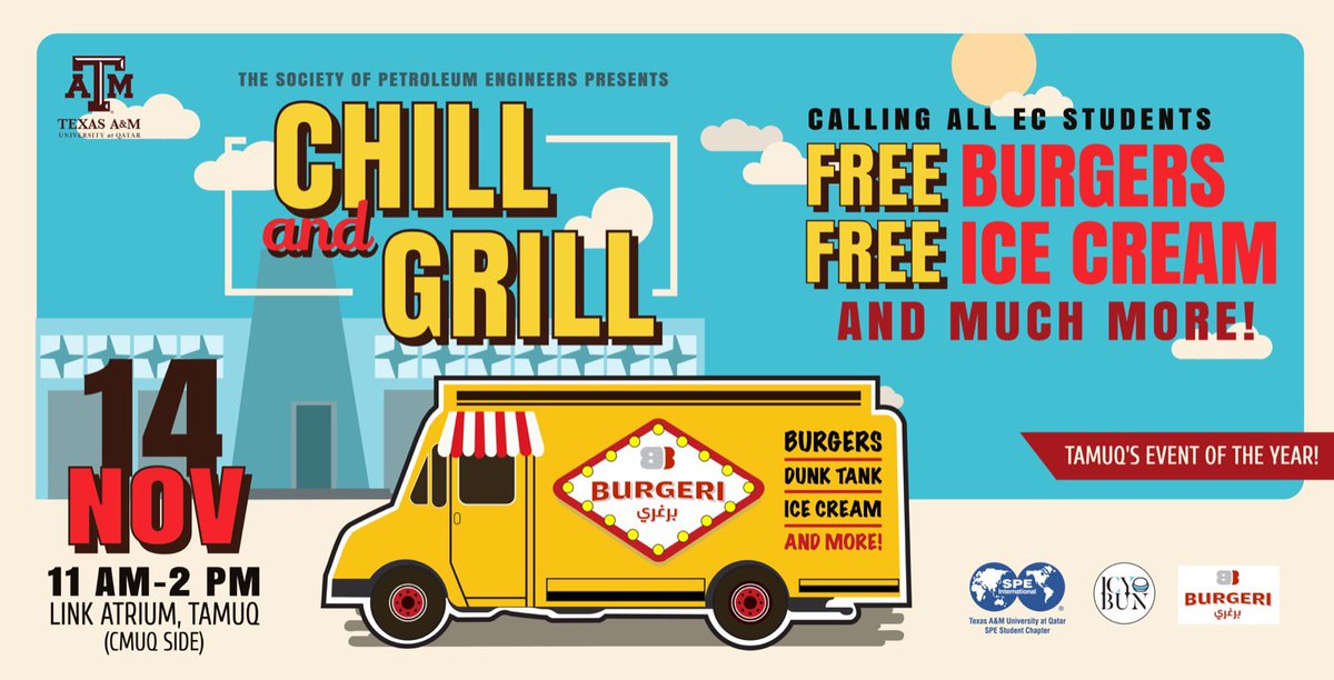 SPE_TAMUQ's tweet photo. Chill &amp; Grill is back for its 6th year running and it’s the biggest it has ever been! 
🌟 Save the date; 14th of November and come find us outside the Link Atrium! 🌟 https://t.co/K93aRblNms