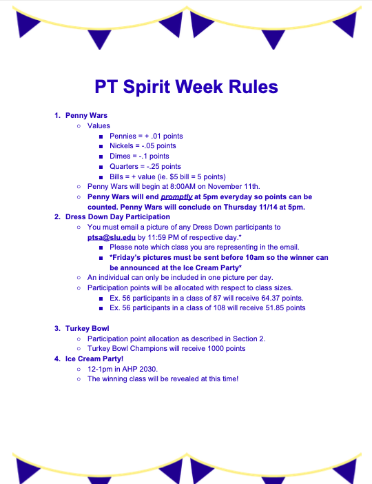 PtsaSlu's tweet photo. This week marks our annual spirit week! Check the calendar to know what to wear each day and what events are happening. You won't want to miss anything, especially our profit share at the end of the week! Bring in the most points for your class! @SLU_PT #PhysicalTherapy https://t.co/VAPmuzg842