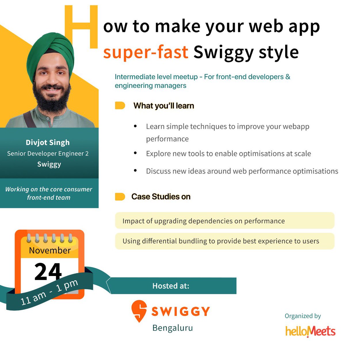 hellomeets's tweet photo. When an app runs your business, then all you can think about it is how to improve its performance! So join us with Divjot Singh, Senior Developer Engineer at @swiggy_in !
Register here: https://t.co/9N3FaJD2pS
Poster credits: Parul Gupta
#developers #engineers https://t.co/wl57Ll9xOo