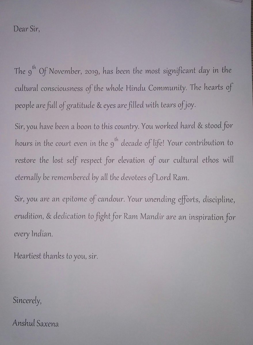 BasudevOfficial's tweet image. A letter of gratitude to 92 years old senior respected Advocate Mr. K. Parasaran who represented Ram Lalla in #AyodhyaCase .
#AyodhaVerdict 
#AyodhyaJudgment 
#RamJanmbhoomi
#RamMandirInAyodhya