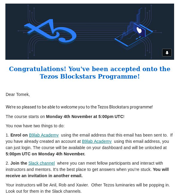 tomaszwaszczyk's tweet image. #Congratulations! I have been accepted onto the #Tezos #Blockstart #Programme #programming #blockchain #OCaml #cool