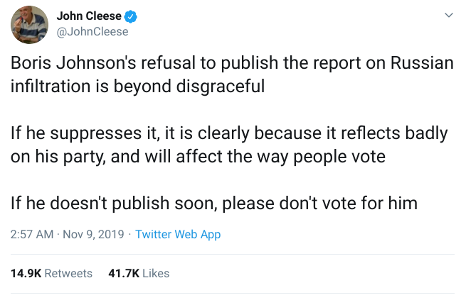 Even Brexity John Cleese is speaking the truth about this VoteLeave Government  #ReleaseTheRussiaReport  #StopTheCoup https://twitter.com/JohnCleese/status/1192999560148344832