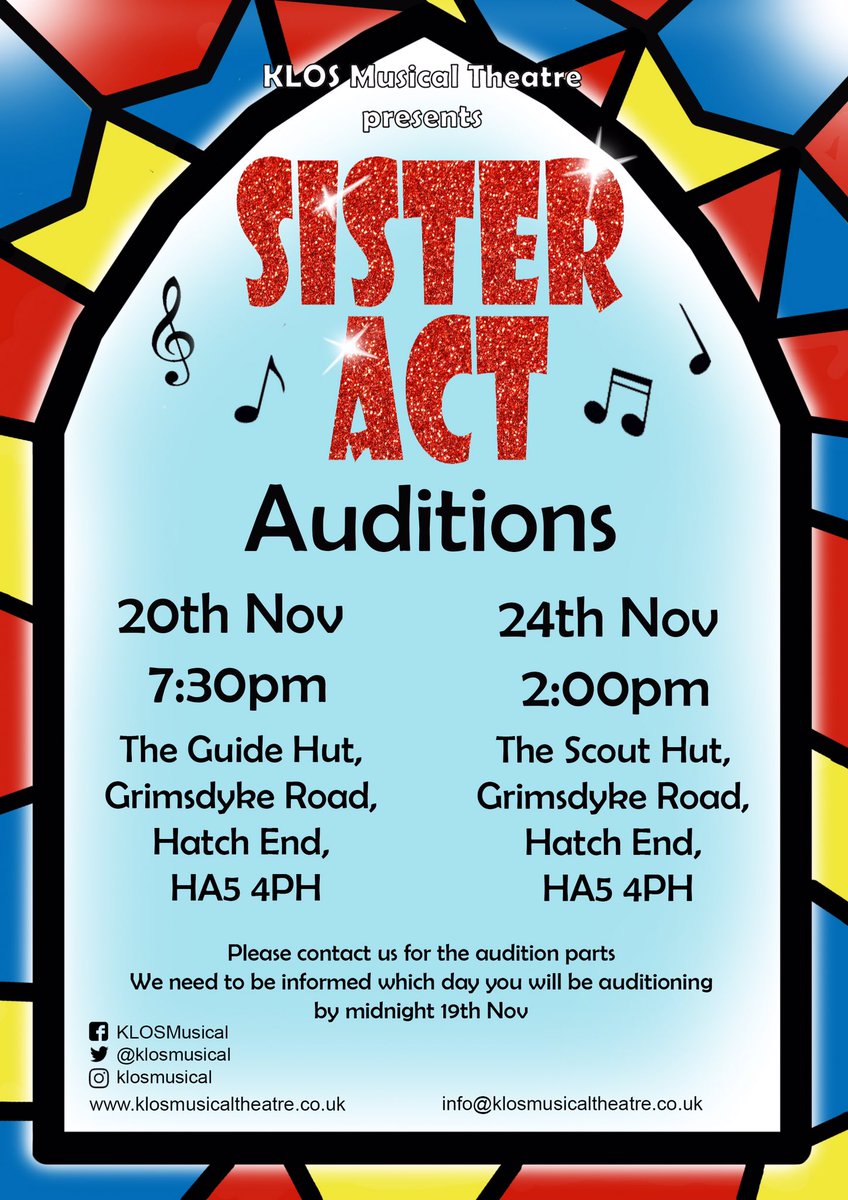 KLOS Musical Theatre: Sister Act Open Auditions. To get an audition pack and information contact info@klosmusicaltheatre.co.uk or comment on this post. Be fabulous baby!