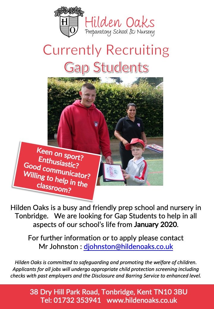 HildenOaksPrep's tweet image. We&apos;re currently recruiting Gap Students to start in January 2020.  See advert below. #paidworkexperience #gapyear #tonbridge #kent