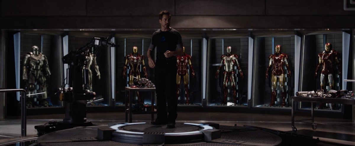 Hall of Armor - Iron Man 2 and 3- an alcove in Tony’s basement workshop where he stored his retired and current Iron Man armors- prior to the events of Iron Man 3, Tony added an extension to the Hall, located beneath his wine cellar, where he stored the Iron Legion