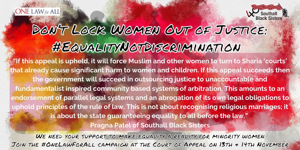 SBSisters's tweet photo. If this appeal succeeds then Gov will succeed in outsourcing justice to unaccountable & fundamentalist inspired community based systems of arbitration - #PragnaPatel #EqualityNotDiscrimination Lets make equality a reality 4 #MinorityWomen #OneLawForAll https://t.co/5QhiegzJSB https://t.co/y9Uj8oDm1p