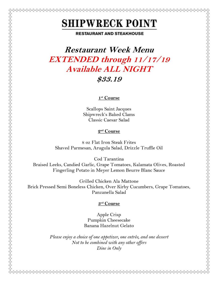 shipwreckpoint's tweet photo. Due to an OVERWHELMINGLY POSITIVE response to our RESTAURANT WEEK menu,we've decided to extend the menu and Wine Special THROUGH TO NEXT SUNDAY 11/17!!!The menu and wine specials are available ALL NIGHT.
#shipwreckpoint #jerseyshorerestaurants #diningwithaview #cocktailswithaview https://t.co/NhFk6xVgTH