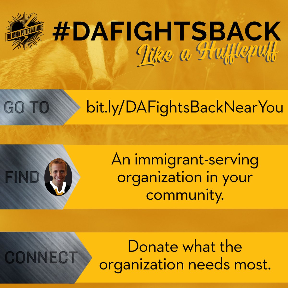 FandomForward's tweet photo. Fight back like a #Hufflepuff! Work with kindness and compassion. Volunteer or donate to immigrant serving organizations in your community. Check out our database to find one near you! #DAFightsBack
https://t.co/WFCwp0RNqd https://t.co/HnMAQxkRFh