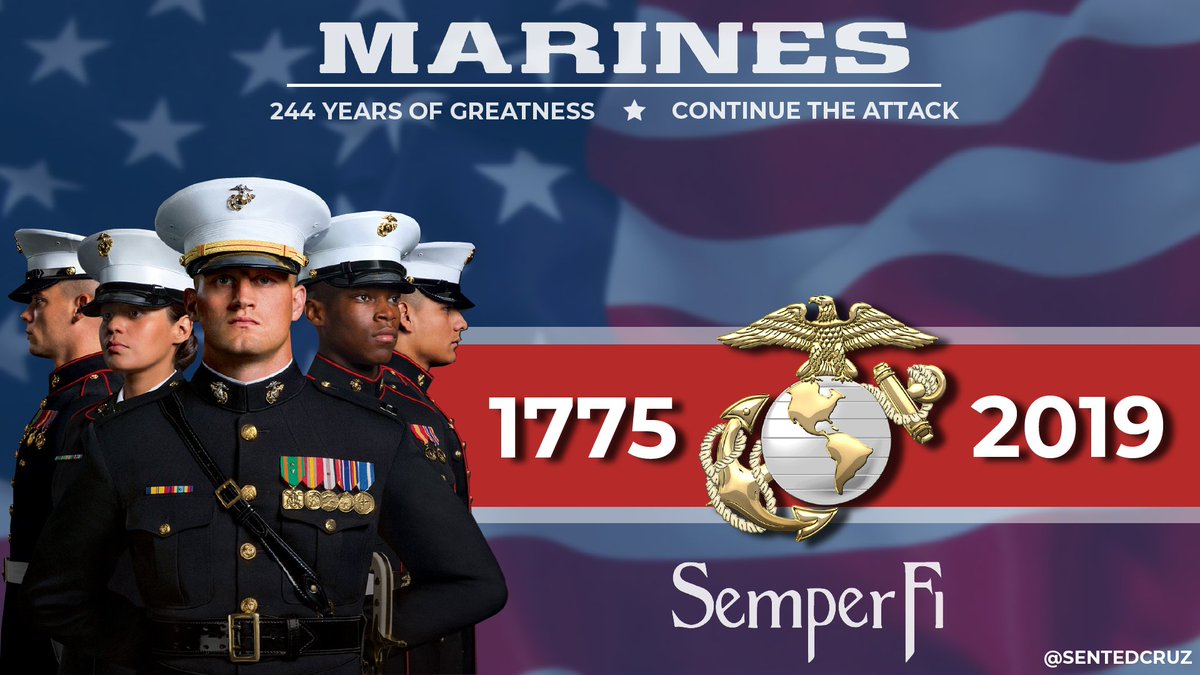 SenTedCruz's tweet photo. Happy 244th birthday to the @USMC! Thank you to all the men &amp; women of the #USMC who have proudly worn America’s uniform to serve &amp; protect our great nation.
#SemperFi #HappyBirthdayMarines #USMC244 https://t.co/b2nG6SAMqb