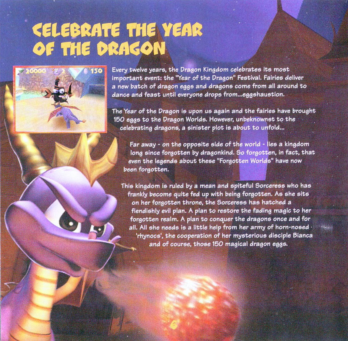 MagicCraftersHQ's tweet image. A history part in the #SpyroYearOfTheDragon PS1 manual that talks about the Year of the Dragon, its festival, how the dragon eggs are delivered to the Dragon Realms, and a little story that leads to the events of the third game. #SpyroTheDragon #Spyro magic-crafters.world